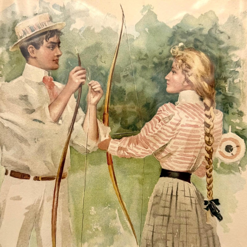 Antique 1899 Which Will Win Archery Matted Art Print Victorian Couple 17x14.5